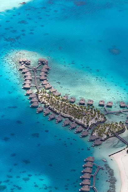 polinésia vista aérea - bora bora polynesia beach bungalow imagens e fotografias de stock