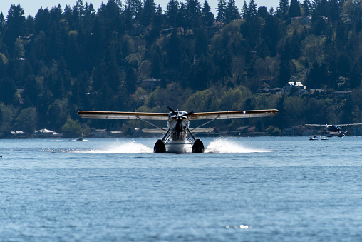 Seaplane landing at Lake Washington, near Seattle.