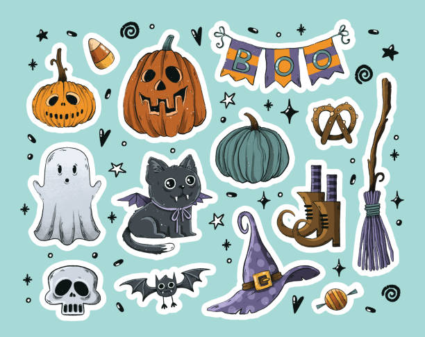 istock Retro Halloween stickers set. Pumpkins, ghost, cat, bat and witch 1583823797