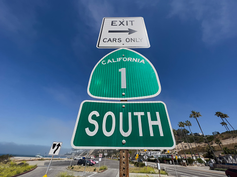 California Route 1 highway sign in the Pacific Palisades area of Los Angeles California.