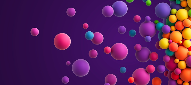 Colorful matte soft balls in different sizes. Abstract composition with many colorful random flying spheres. Vector background