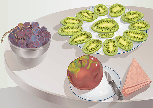ilustrações de stock, clip art, desenhos animados e ícones de frutos de maçã com uvas e kiwi fatias - freshness food serving size kiwi