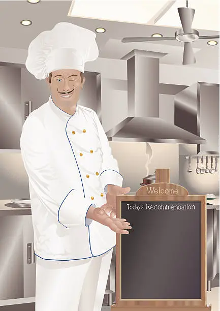 Vector illustration of Cook Presenting His Welcome Menu Blackboard With Daily Specialties