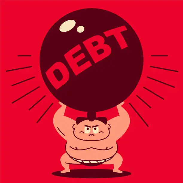 Vector illustration of A sumo wrestler crouching, arms raised, easily lifts a large Debt iron ball