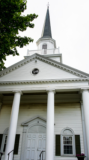 Bar Harbor, Maine, USA - July 9, 2023: Bar Harbor Congregational church view from street