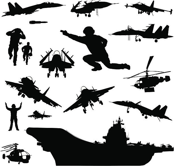 Military set Aircraft carrier and naval planes high detailed silhouettes set. Vector landing touching down stock illustrations