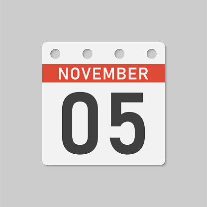 Minimal icon page calendar - 5 November. Vector illustration day of month. 5th day of month Sunday, Monday, Tuesday, Wednesday, Thursday, Friday, Saturday. Template for anniversary, reminder, plan