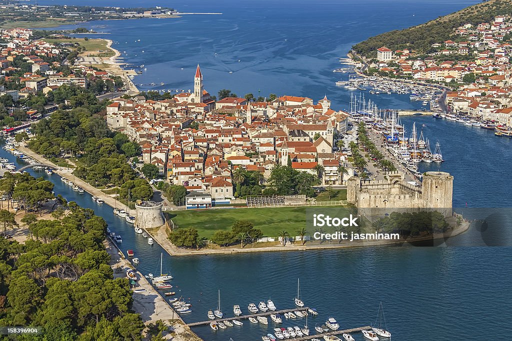 Sky view of Trogir old town surrounded by water Trogir old town panorama with Kamerlengo Castle in front. Trogir Stock Photo