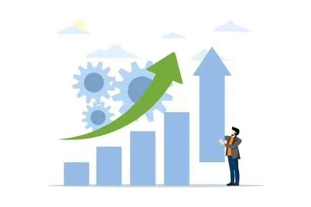 Vector illustration of increase sales concept, promote your business with small people. business management. businessman holding growth chart, increasing sales and profit, company web page metaphor. flat vector illustration.