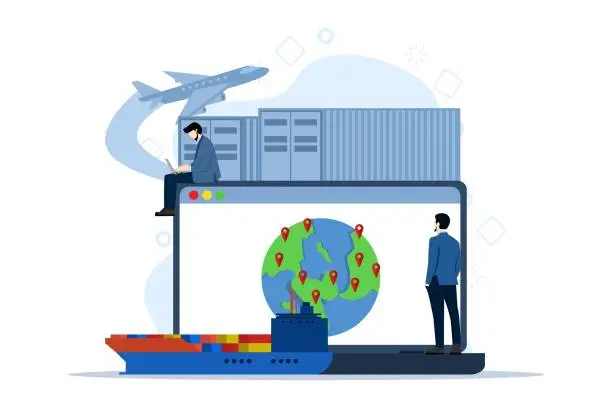 Vector illustration of Global logistics network concept. Export, import, warehouse business, transportation. Business logistics. Little people track orders online. Timely delivery. Flat vector illustration on background.