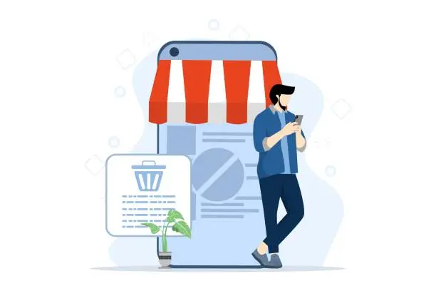 Vector illustration of order cancellation concept, Order rejected, order closed with small people. man holding cell phone for placing orders, digital shopping, distribution of online purchases. flat vector illustration.