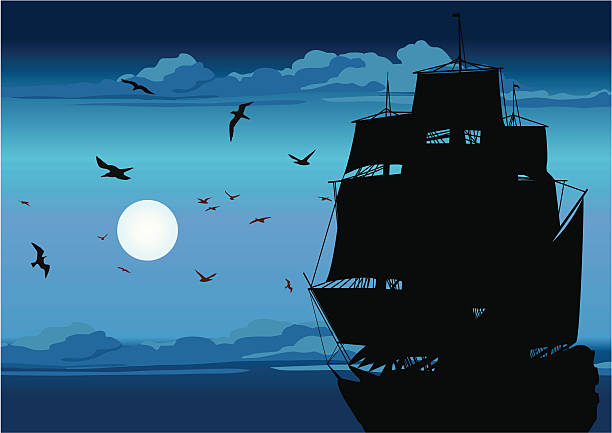 illustrazioni stock, clip art, cartoni animati e icone di tendenza di maestoso pirata barca a vela in mare - sailing ship nautical vessel military ship brigantine