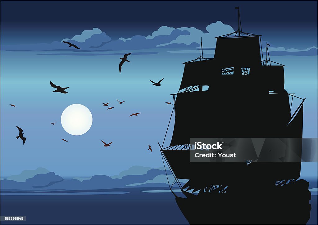 Majestic Pirate Sailing Ship at Sea Old Ship Sailing Open Seas on Sunset.  Tall Ship stock vector