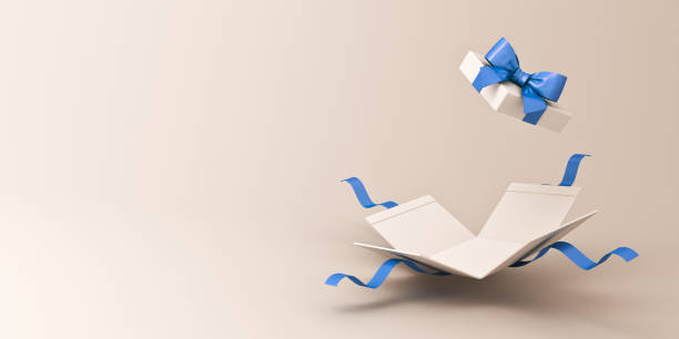 istock White gift box open or blank present box with blue ribbon and bow isolated on light gray background with shadow and blank space minimal concept 3D rendering 1583988575