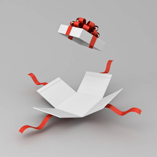 istock Open white present box or gift box with red ribbons and bow isolated on white grey background with shadow minimal conceptual 3D rendering 1583988950