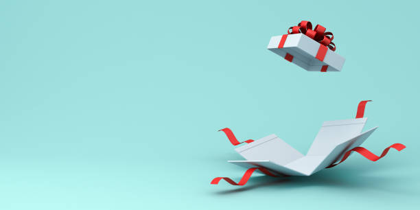istock Open present box or blank white gift box with red ribbons and bow isolated on blue pastel color background with shadow 3D rendering 1583988955