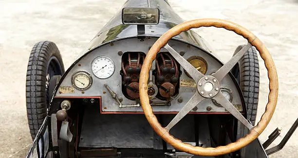 Classic car dashboard with wooden Wheel