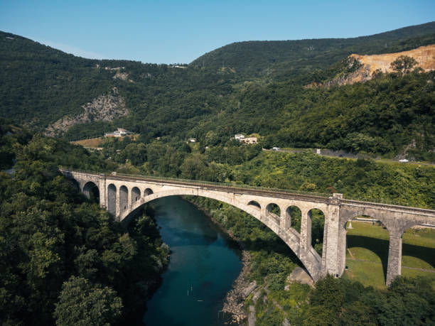 istock Solcan Bridge over River Soca, Slovenia. Aerial view. 1584005715