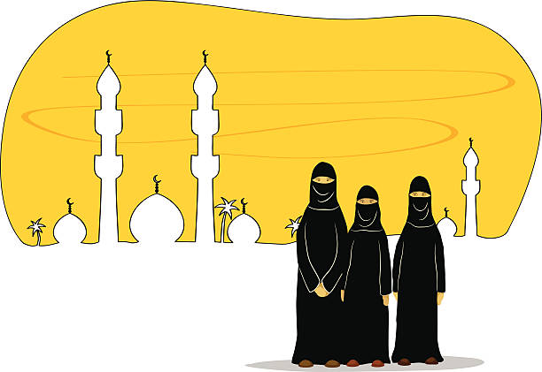 Middle Eastern Women Three Middle Eastern women are looking at the camera with mosque background. burka stock illustrations