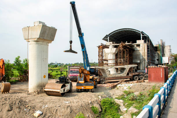 14th May, 2023, Kolkata, West Bengal, India: Under construction metro rail station and bridge in Kolkata.