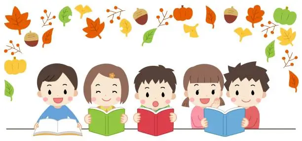 Vector illustration of Autumn illustration with children reading