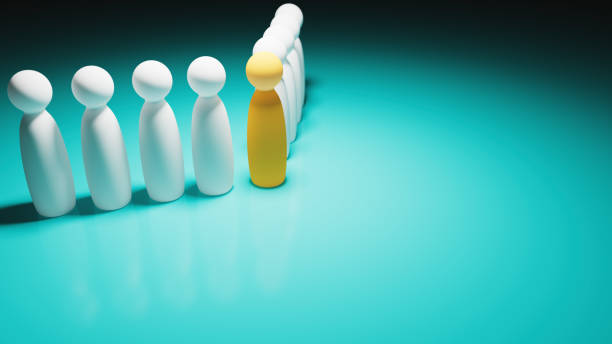istock Group of white plastic tokens led by a yellow token, teamwork theme, 3d illustration 1584043277
