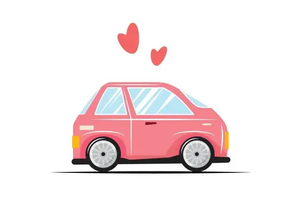 Vector illustration of Pink car with hearts on white background. Vector illustration.