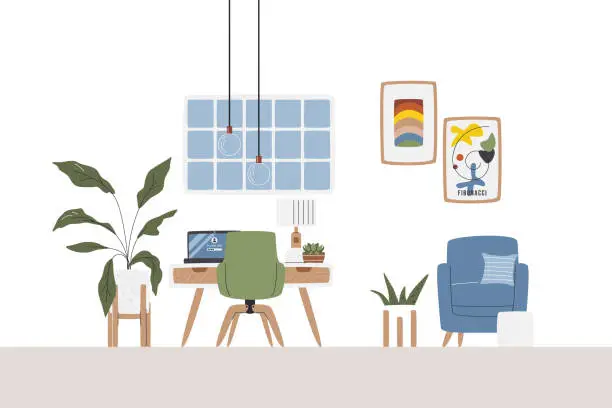 Vector illustration of United workspace and relaxing area next to window