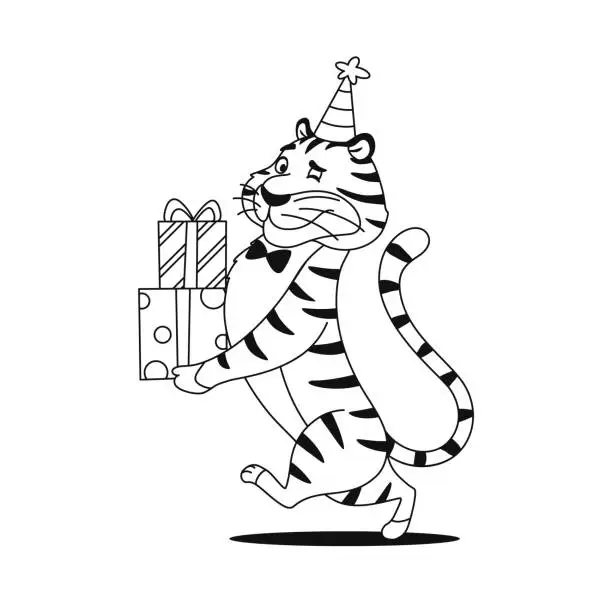 Vector illustration of Coloring book. Happy cartoon tiger in party hat with presents on white background. Animal character for kids preschool art. Black and white outline worksheet design. Coloring page vector illustration.