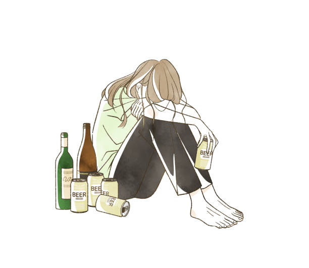 illustrazioni stock, clip art, cartoni animati e icone di tendenza di una donna che è ubriaca con una grande quantità di assunzione di alcol - alcoholism drunk hangover grief