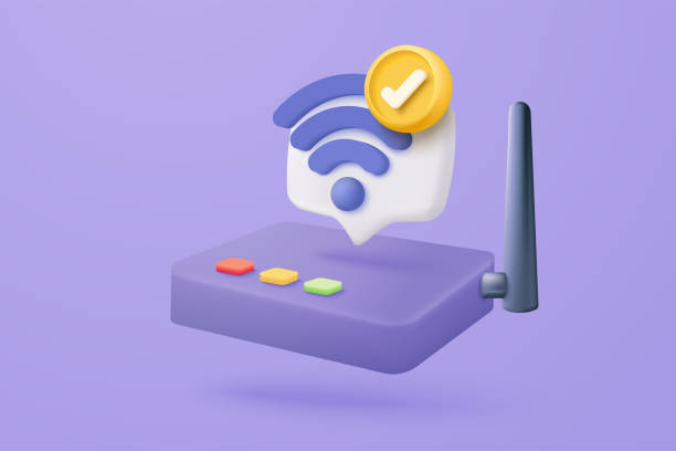 illustrations, cliparts, dessins animés et icônes de connexion au routeur sans fil 3d et réseau de partage sur internet. point d’accès hotspot pour la couverture numérique et en ligne. zone de diffusion avec wifi. illustration vectorielle de rendu d’icône de signal sans fil 3d - web services audio