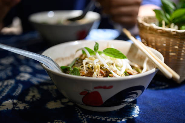 Rice noodles soup with pork and vegetables, Thai boat noodles style