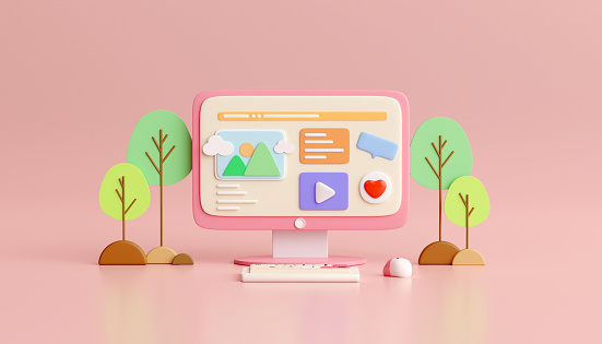 3d render illustration, A Computer Desktop with a chat keyboard emoji notification icon on pink background
