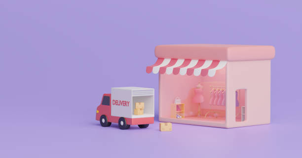 istock Online shopping E-commerce and delivery concept. Modern clothes shop with parcels box for delivery shipping truck background. 3D rendering illustration. 1584205088
