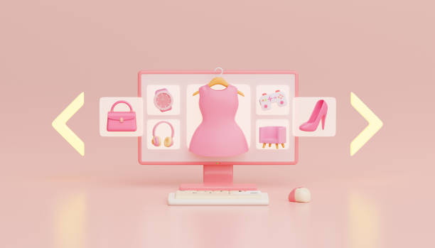 istock 3d Render. Online shopping on the website by computer desktop. Online store interface, shopping bag, basket, shoes, headphone, watch, sofa. 1584205601