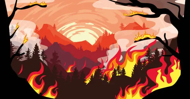 Vector illustration of Natural Disasters. The mountain was set on fire, the forest and trees were all burned.