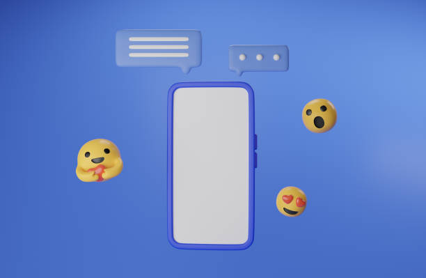 istock 3d render illustration, A Smartphone with a chat keyboard emoji notification icon on the side blue background. 1584220266