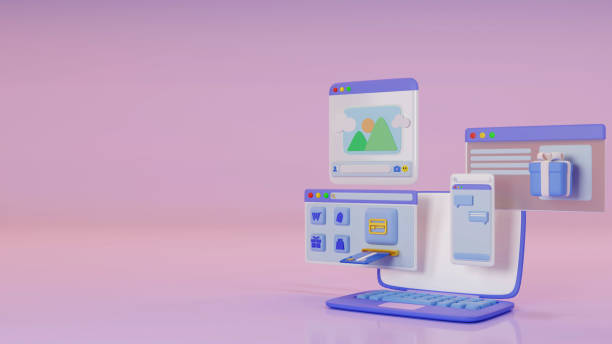 istock Shopping online website store concept 3d rendering illustrations desk for ui ux designer create a design. 1584222890