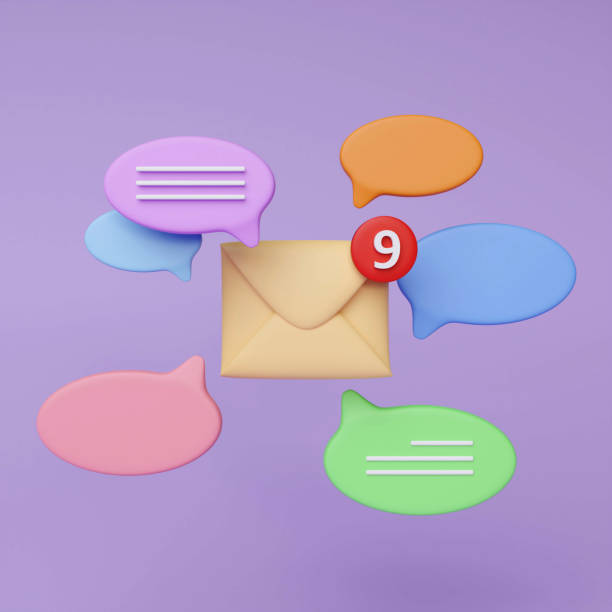 istock Notification message full color icon bubble symbol or new contact alert chat and web flat design isolated on purple background with social communication email reminder notice. 3D rendering illustration. 1584226167
