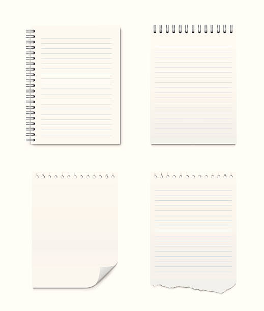 Set of Notepads and Blank Pages Notepads with spiral and blank notepad pages on white background.  ruled paper stock illustrations