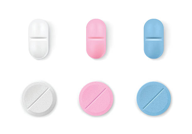 Different colored pills in a row Six Pills on white background. Gradient Mesh used. pills stock illustrations