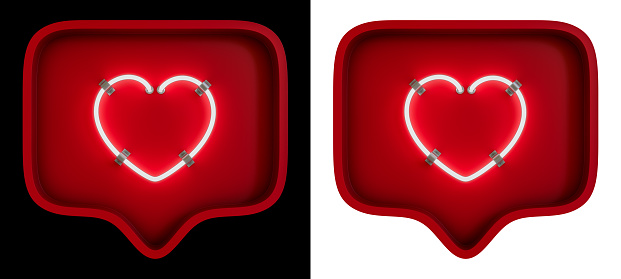 3D Red Balloon With Heart Light Sign Neon Lamp Isolated on Black and White Background With Clipping Path