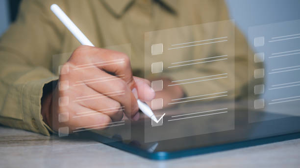 istock Businessman checkbox correct sign mark for document approve. acceptance and quality agreement, assurance, evaluation and checklist. 1584258139