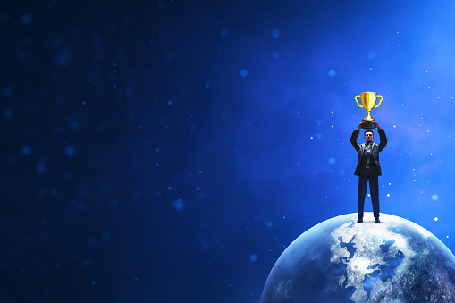 Businessman holding golden trophy 3d illustration