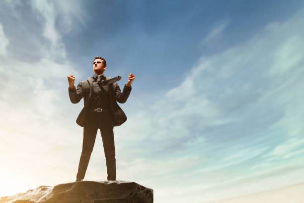 istock Strong business man looking on top mountain 3d illustration 1584280801