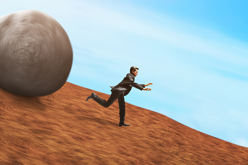 Business man escaping from big stone in the mountain 3d illustration