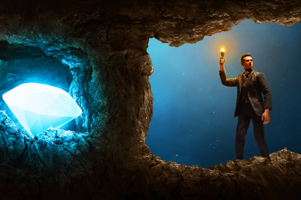 istock Business man walk with fire torch searching treasure at night 3d illustration 1584288899