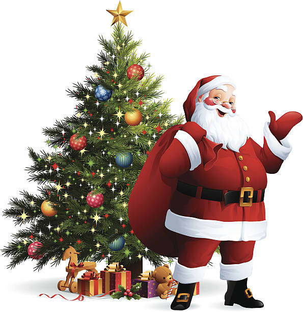 ilustraciones, imágenes clip art, dibujos animados e iconos de stock de santa claus-árbol de navidad - papa noel