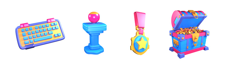 3D icon video games collection rendered isolated on the white background. gaming keyboard, joystick, medal, and treasure chest object for your design.