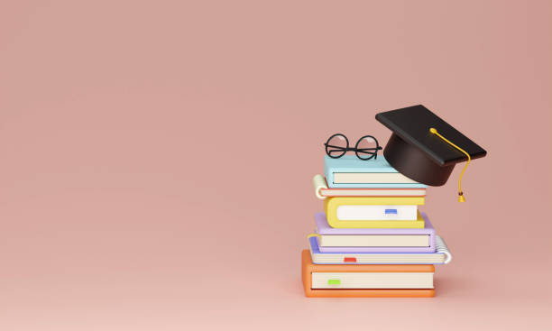 istock Stack of book with graduation hat on pink background. 3d rendering illustration. 1584302157